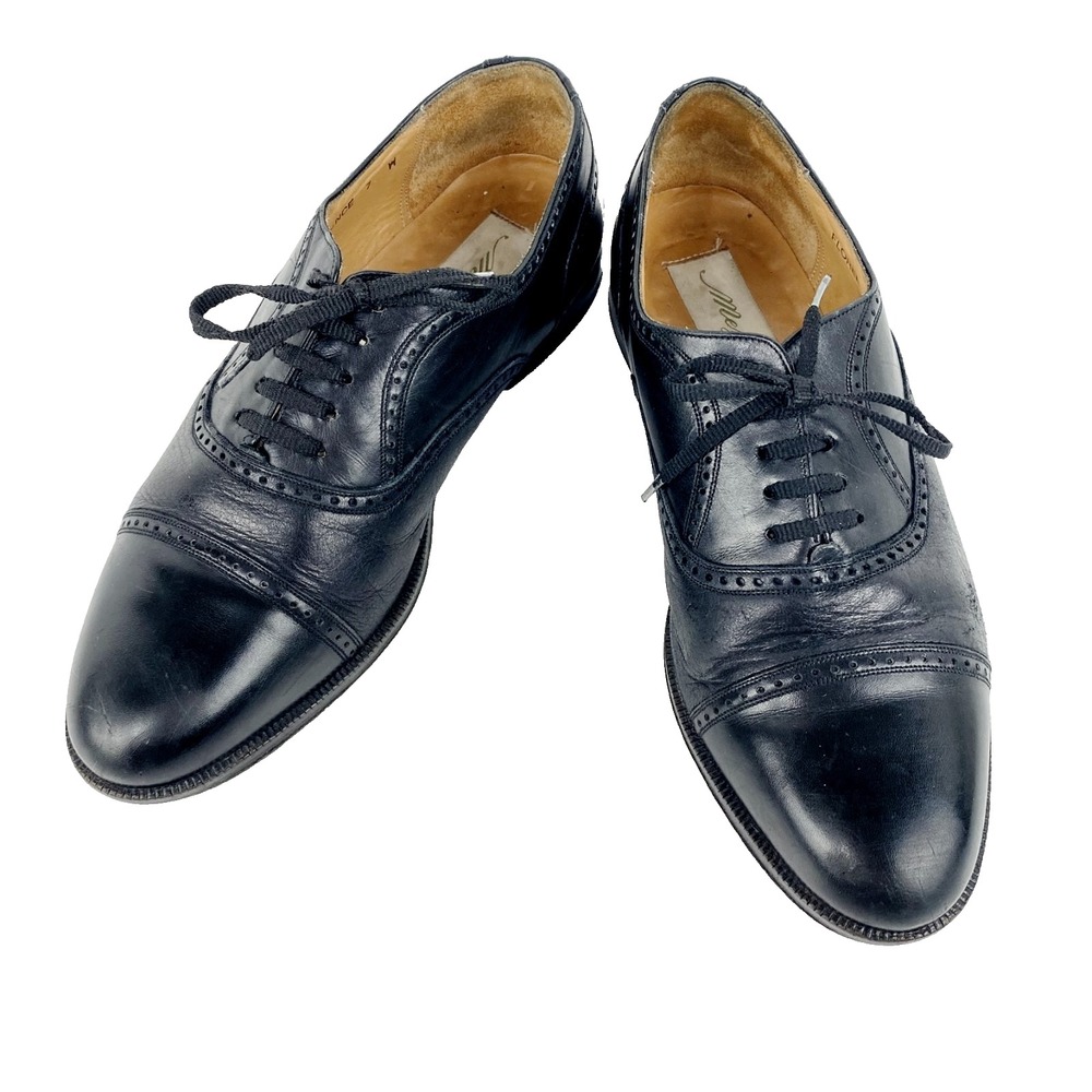 Mezlan Leather Oxford Flats Women's 7 W Florence Black Cap Toe Deluxe Shoes 37.5